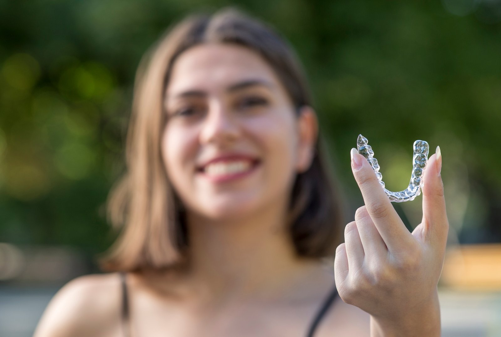 Beautiful smiling Turkish woman is holding an invisalign bracer